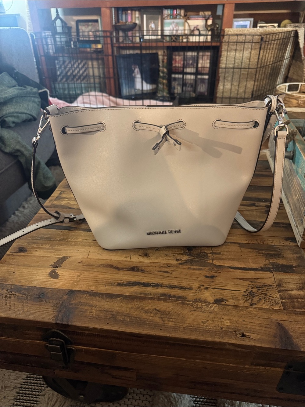 Michael Kors Light Gray Leather Drawstring Bucket Shoulder Bag